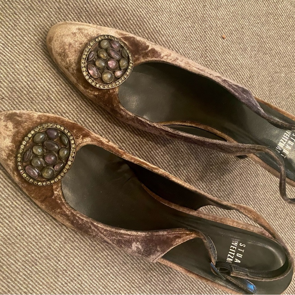 Purple sling back heelswith Ornamental Medallions